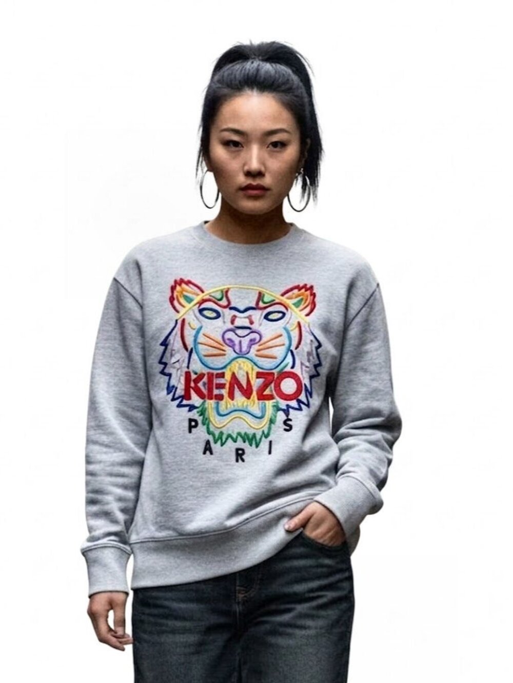 Kenzo Paris Rainbow Tiger Embroidered Sweatshirt, Gray, Womens Size X-Small
